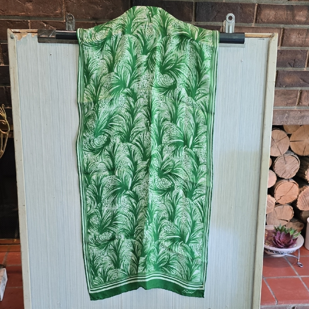Burmel - Vintage Silk Foliage Patterned Scarf in Green & White​